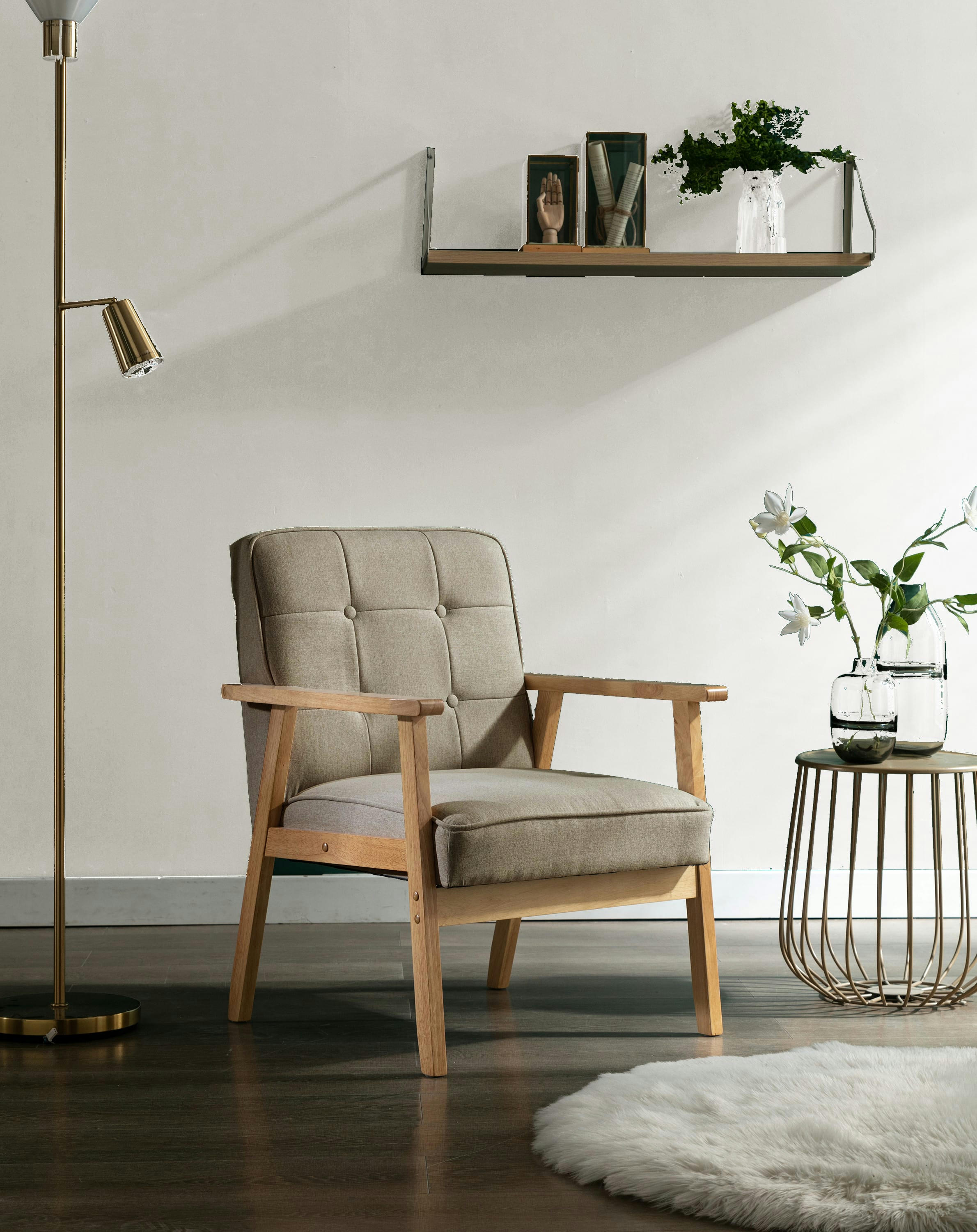 - Fauteuil lounge Marron Clair et pieds hévéa naturel