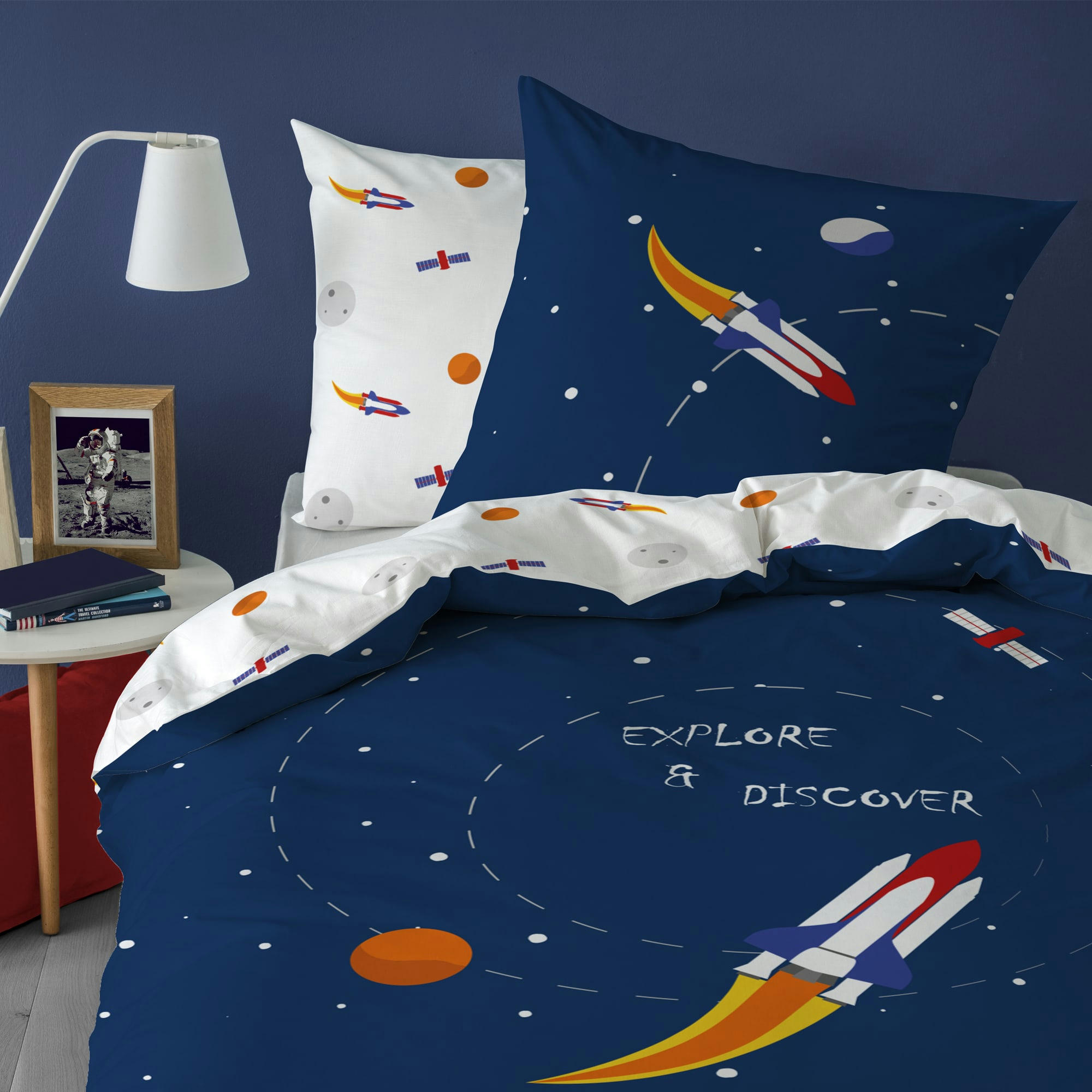 EXPLORE SPACE - Parure de lit imprimée en coton Bleu 140x200+63x63cm