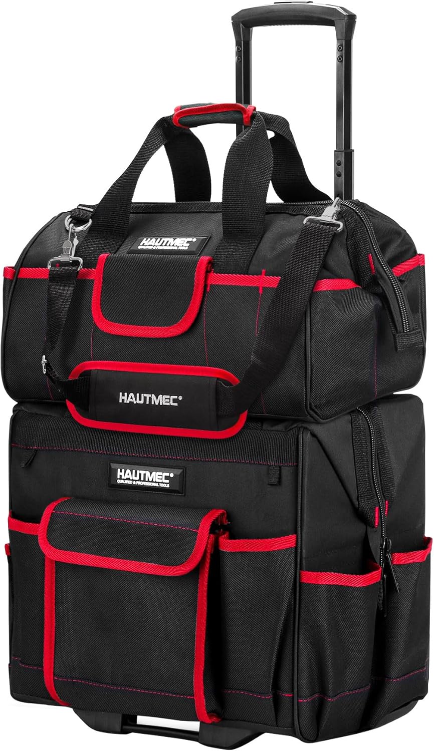 HAUTMEC 2-Piece Rolling Tool Bag Set, 15 Wheeled Tool Bag & Wide Mouth Tool Tote, Heavy-Duty Tool Storage Organizer with Durable Off-Road Wheel, Steel Telescoping Handle & Shoulder Strap – HT0288