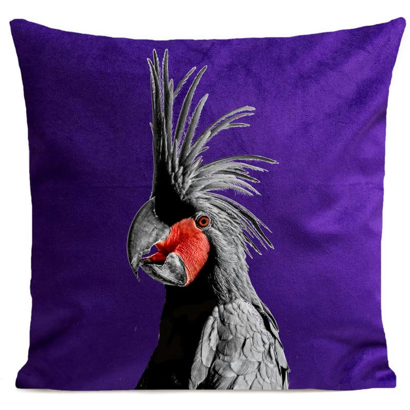 - Coussin tropical perroquet velours violet 40x40cm