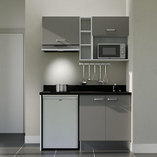 Kitchenette K13 - 140 cm - façades Gris - Plan monobloc en quartz coloris Nero évier à droite - Electroménager Inox