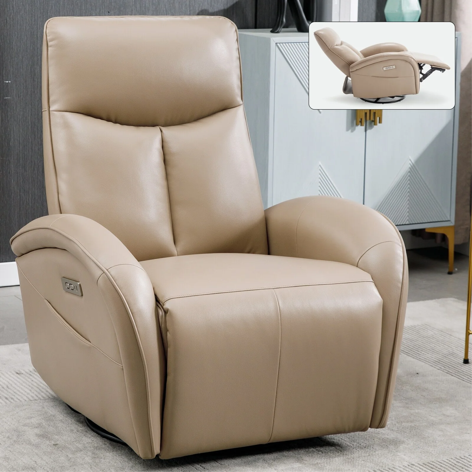 Blue Leather Power Recliner Chair featuring 270° Swivel, Rocking Function, Lumbar Support, and USB & Type-C Charging Ports
