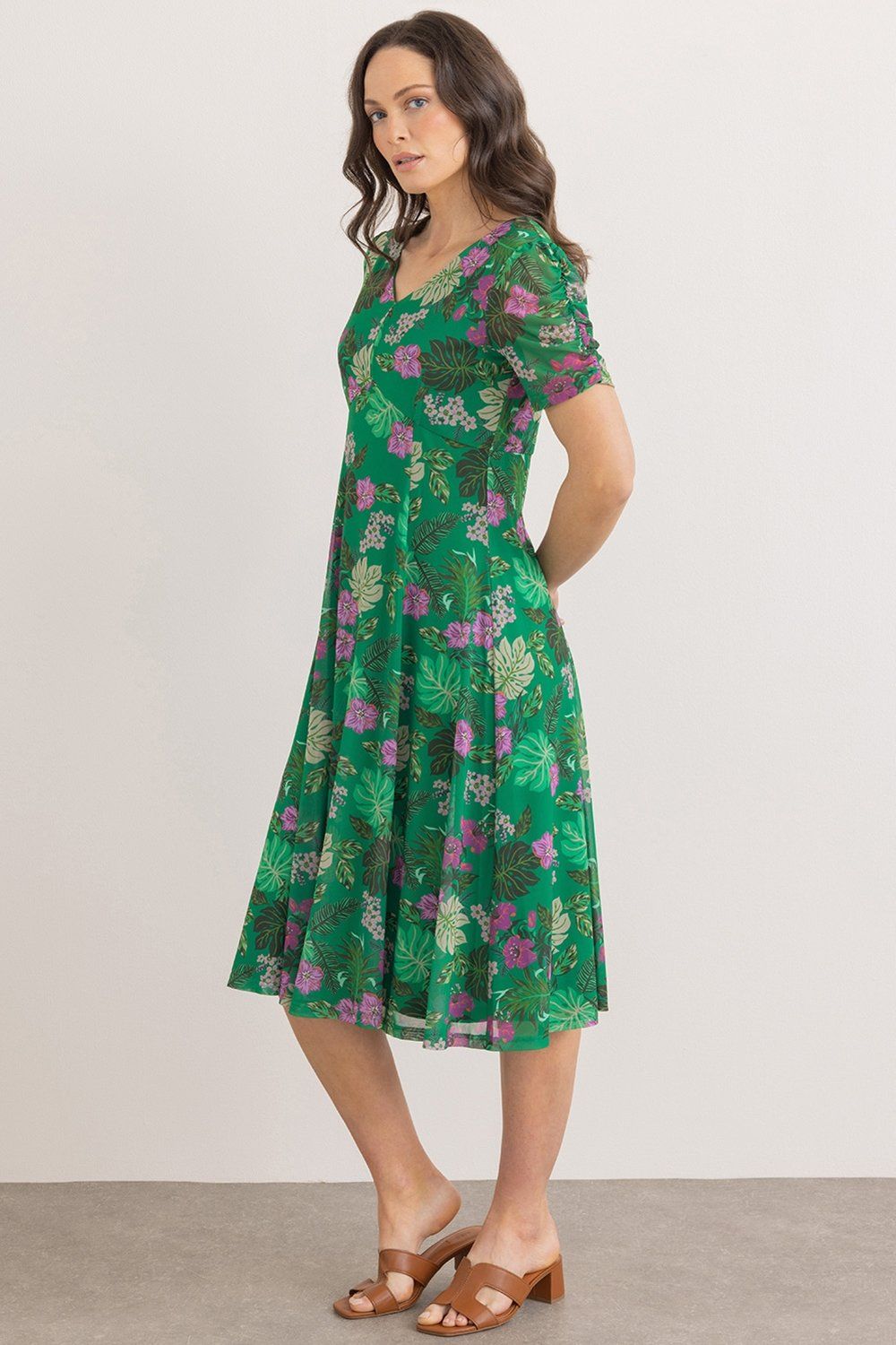 Klass. Garden Print V Neck Mesh Dress