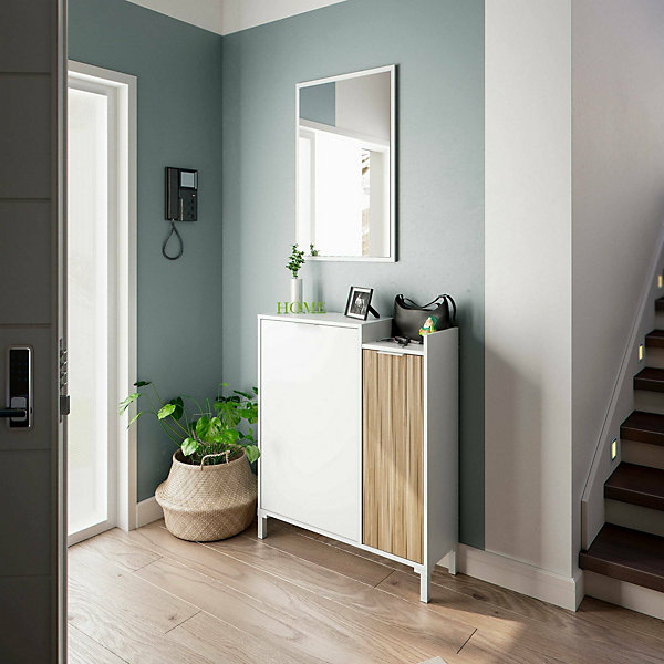 Meuble d'entrée Alambicco, Entrée 2 portes, Armoire avec miroir, Rangement multifonctionnel, 77x24h91 cm, Blanc et Chêne