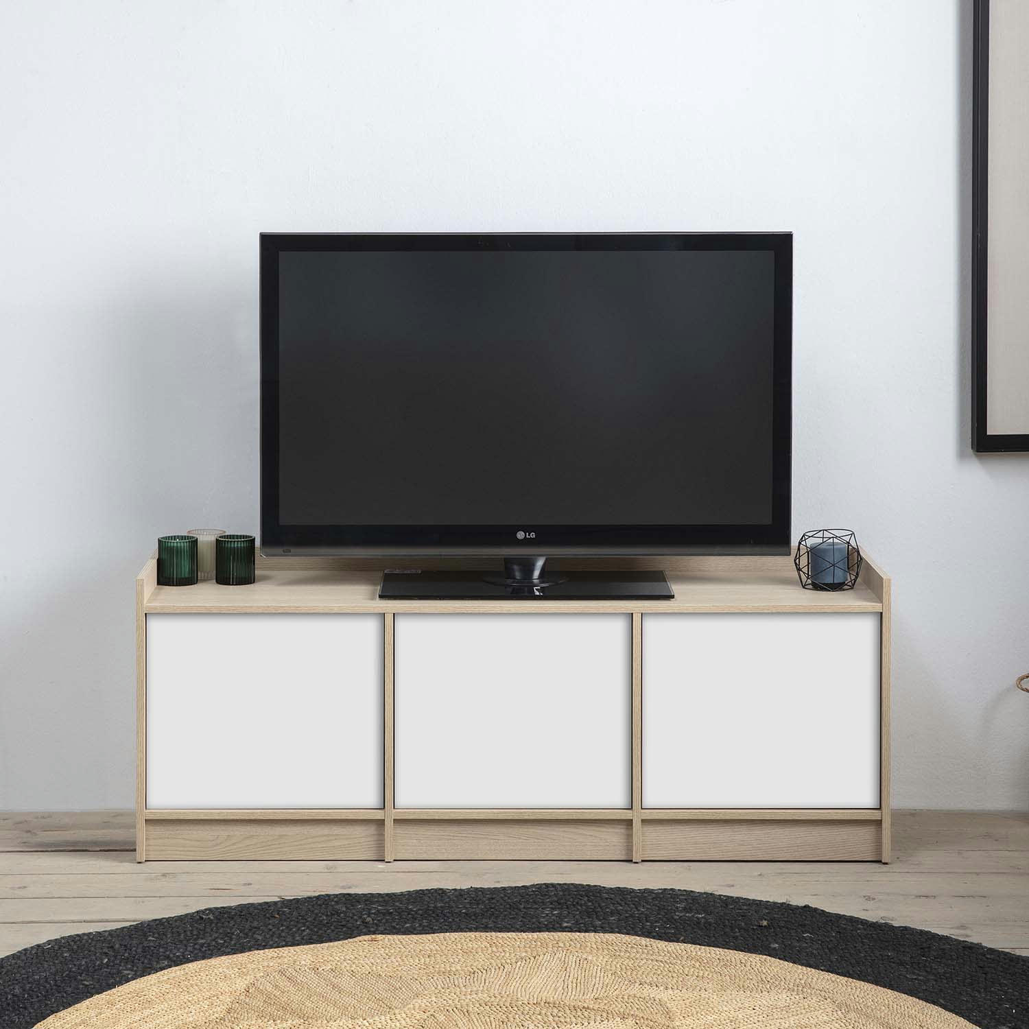 MOSCU - Meuble tv avec 3 portes, couleur chêne/blanc, 139 cm longueur
