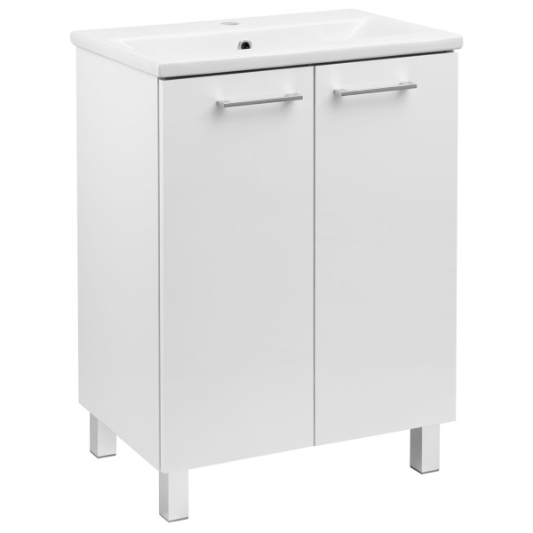 Szafka Łazienkowa Biała Stojąca z Umywalką 60 x 40 cm Połysk Bateria Boczna
