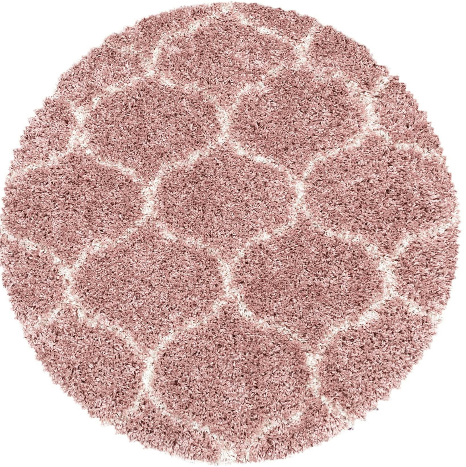SALMA - Tapis rond à poils longs et motifs alhambra rose 120x120cm