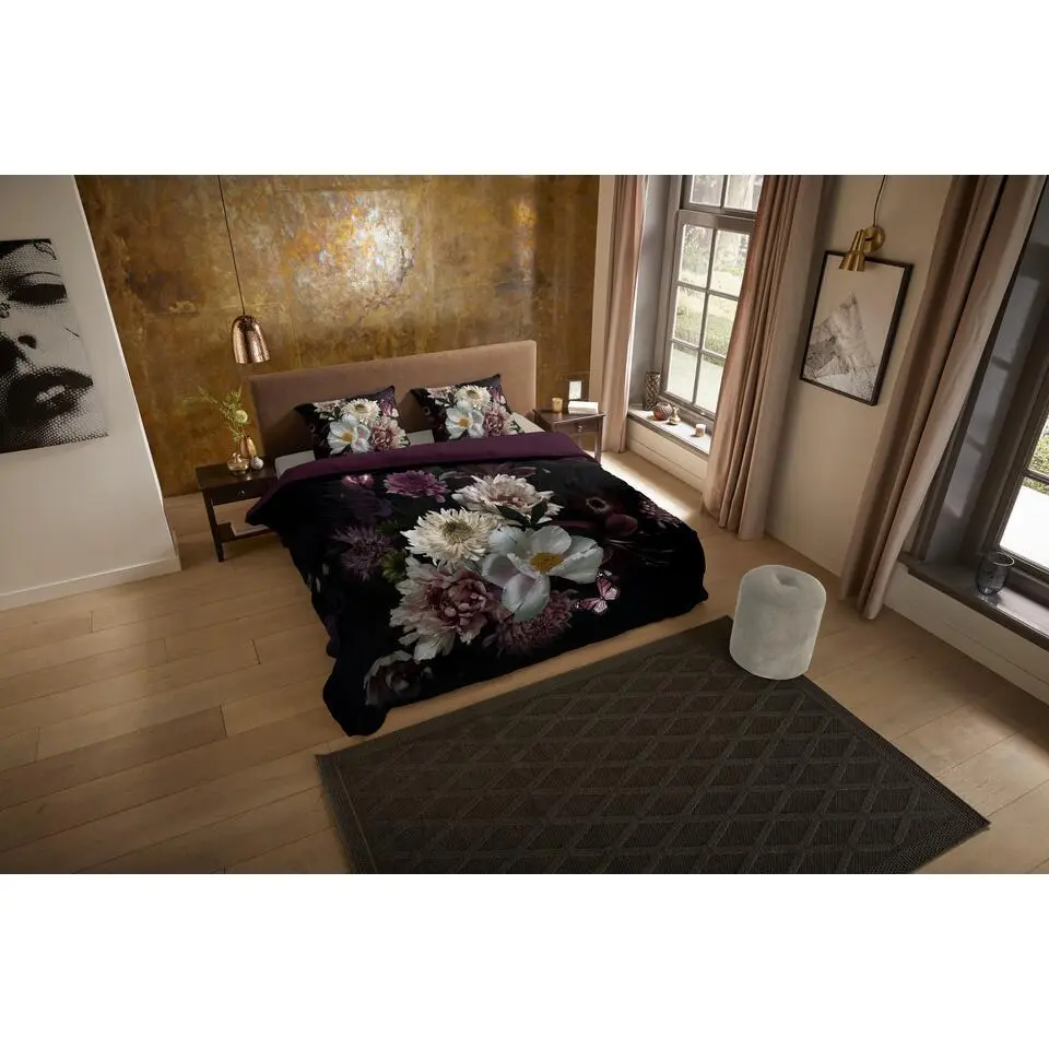 Pure dekbedovertrek bloemen - 1 persoons 140x200/220 cm - Bordeaux - Microvezel