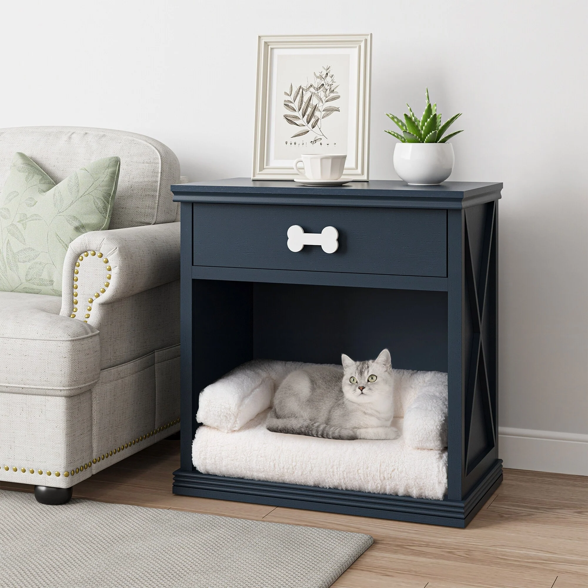 Vintage Small Storage Cabinet with Led Light and Pet Bed