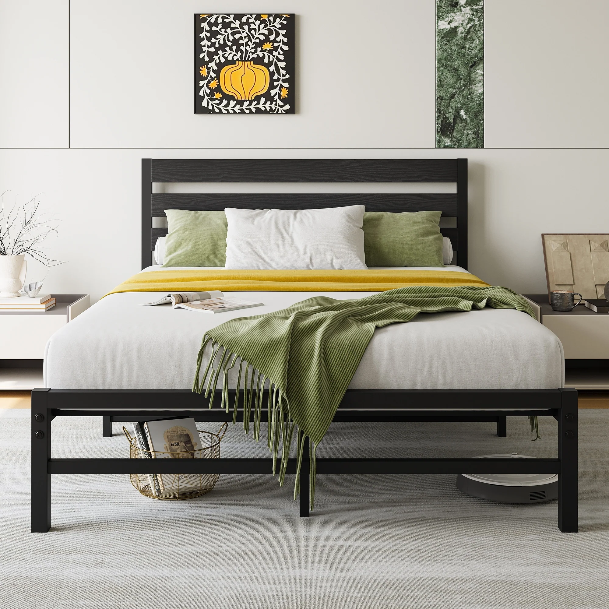 Modern Platform Bed Frame with Rustic Vintage Wood Headboard,No Box Spring Needed