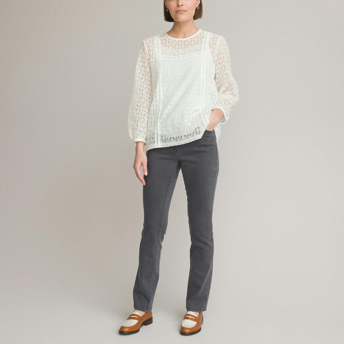 Blouse dentelle, col rond, manches longues
