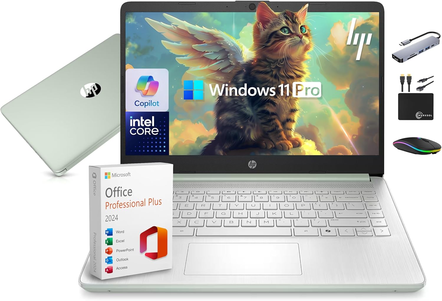 HP 14 Laptop Computer 2025-2026 Business Student  Copilot AI  Lifetime Office  4-Core Intel CPU  16GB RAM  628GB Storage (128GB UFS+500GB Ext)  Wi-Fi 6  10+ Hrs  MarxsolAccessory  Win 11 Pro  Green