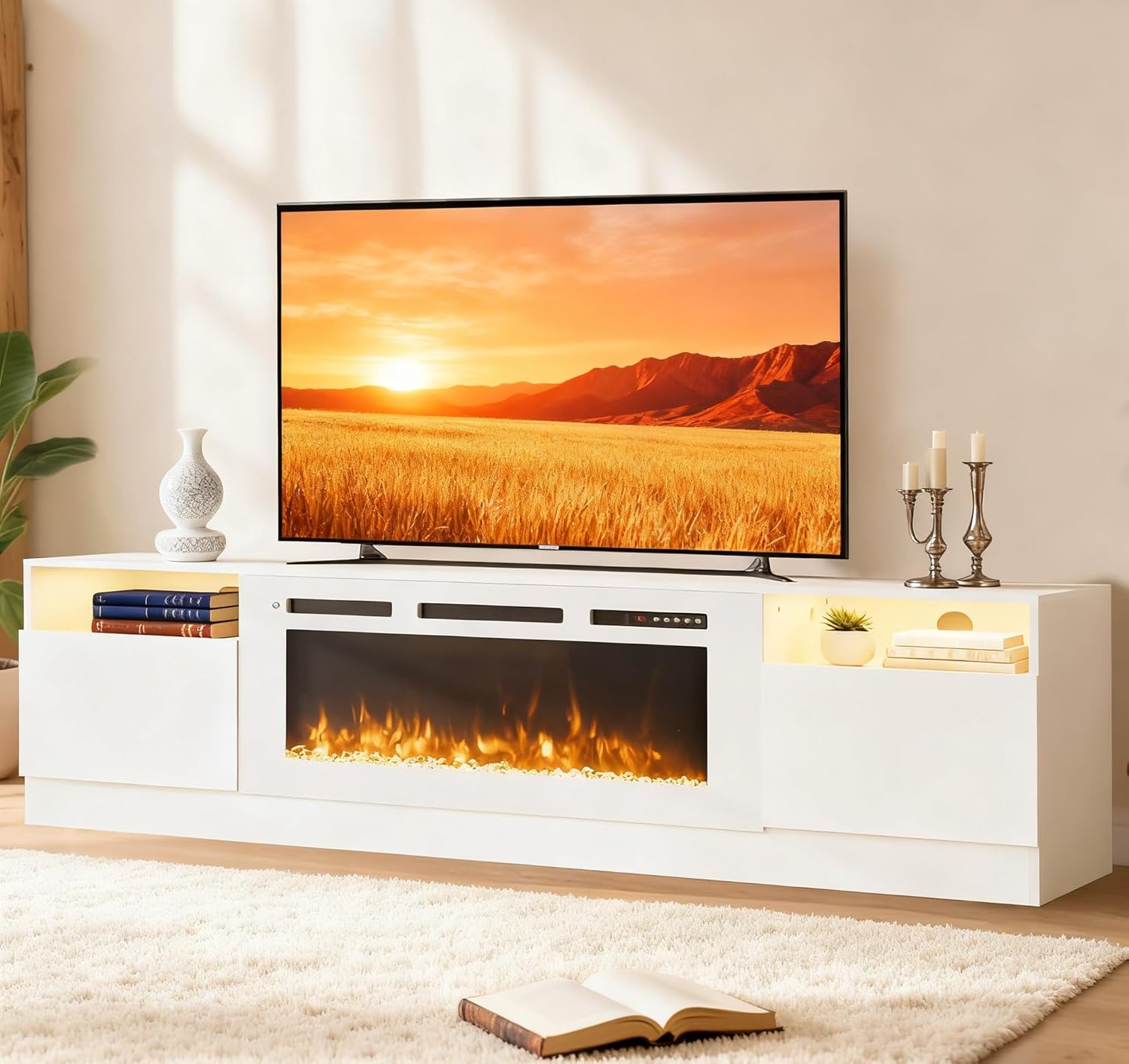 MXV 80 Fireplace TV Stand for TVs Up to 90, LED Light Entertainment Center with 36 Electric Fireplace, Modern Wood Texture TV Media Console with Highlight Storage Cabinet, White-White