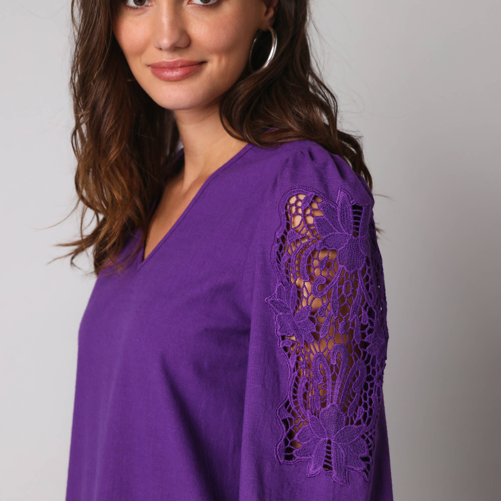 Robe courte col V, manches bouffantes à broderies ajourées