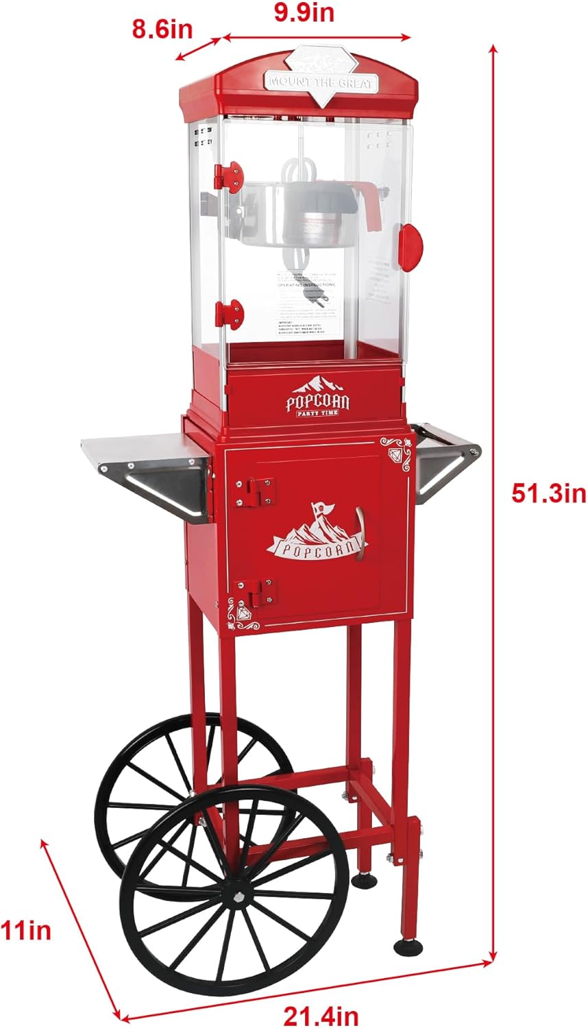 Vintage Popcorn Machine with Cart & Wheels, 10 Oz Stainless Steel Kettle Popcorn Maker, Movie Theater Style Popcorn Popper Makes Up to 40 Cups, Includes Measuring Spoons, Home Theater & Commercial Use