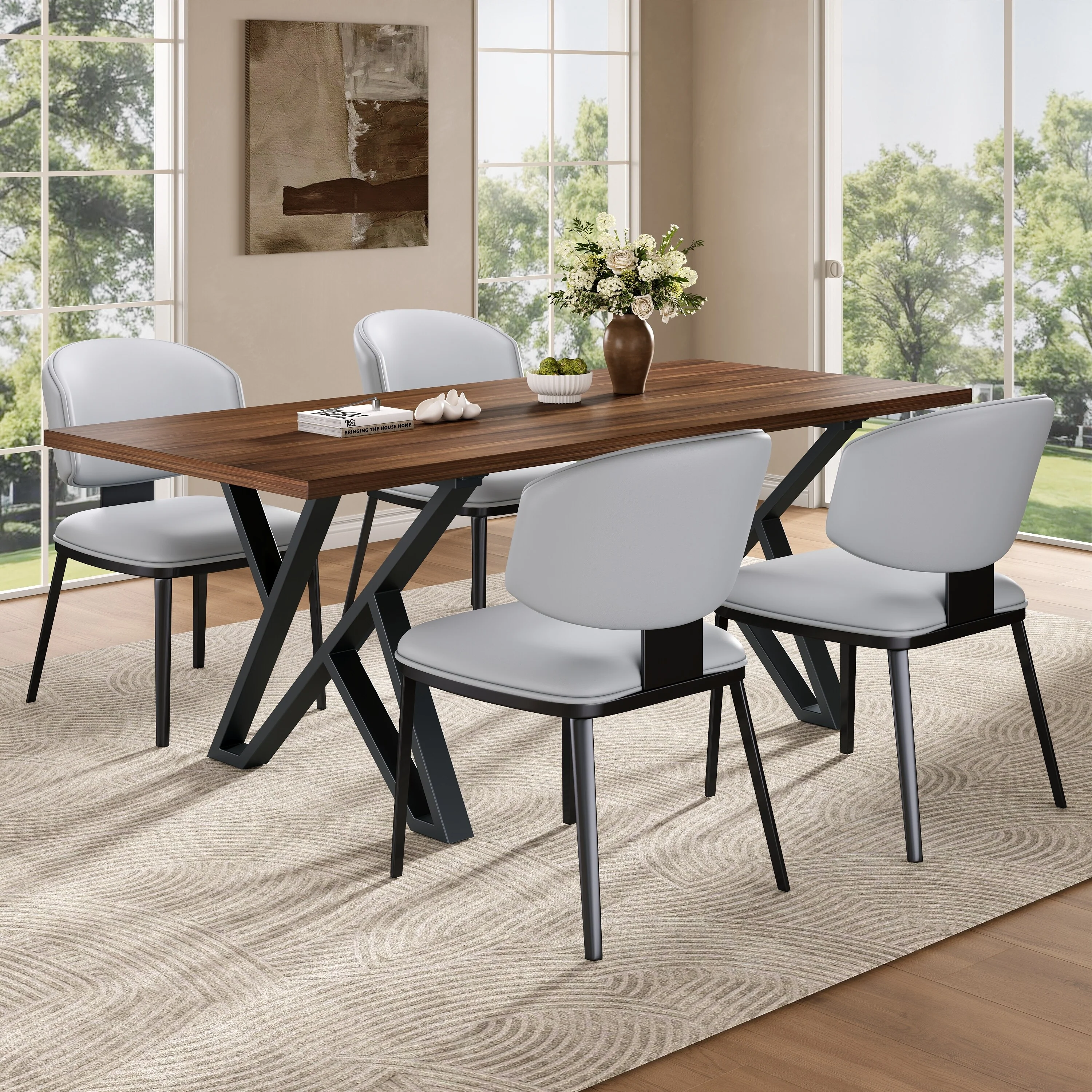 5-Piece Dining Table Set with Faux Leather Chairs and Metal Base, Feet with Anti-scratch and Anti-noise Pads