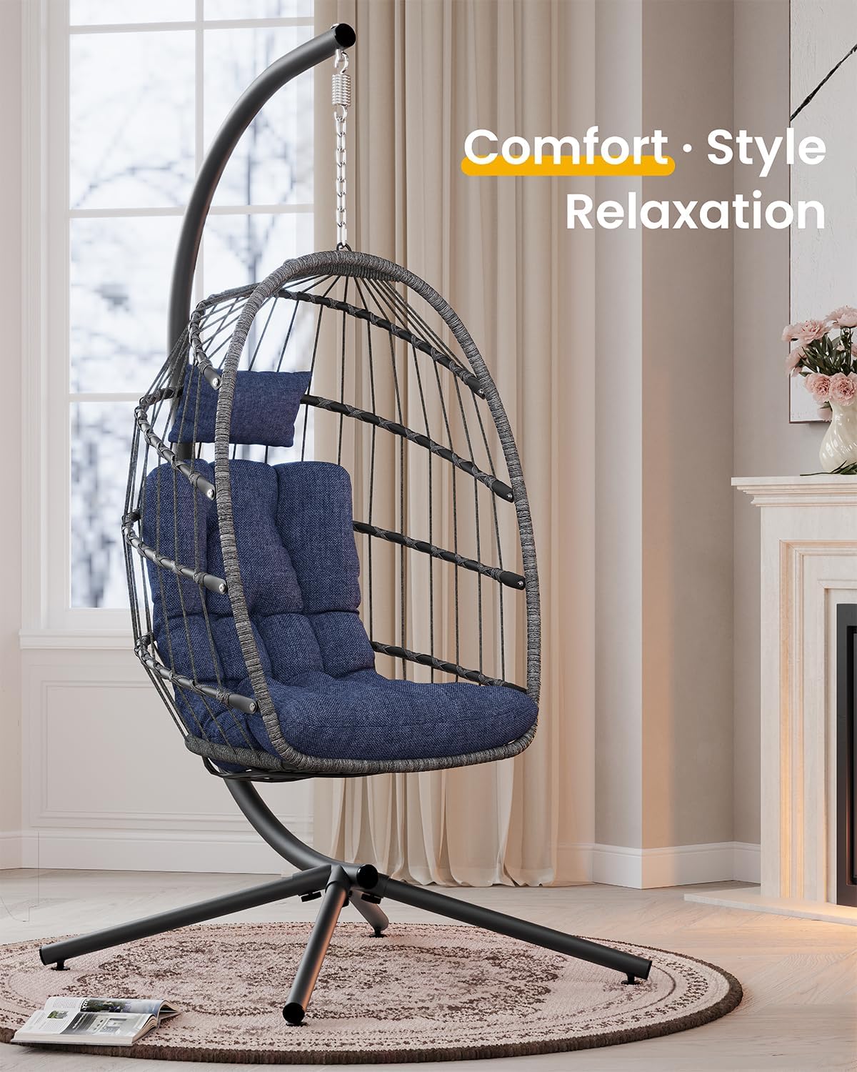 Hanging Egg Chair with Stand, Indoor Outdoor Wicker Patio Egg Swing Chair with Cushion for 350LBS Capacity, Hanging Hammock Chair for Bedroom, Garden, Porch - Dark Blue