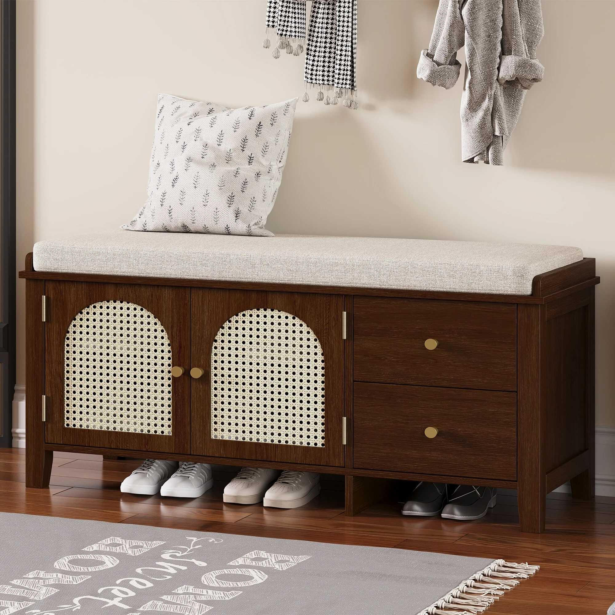 Vintage Shoe Bench with Cushion, 2 Drawers & 2 Rattan Doors