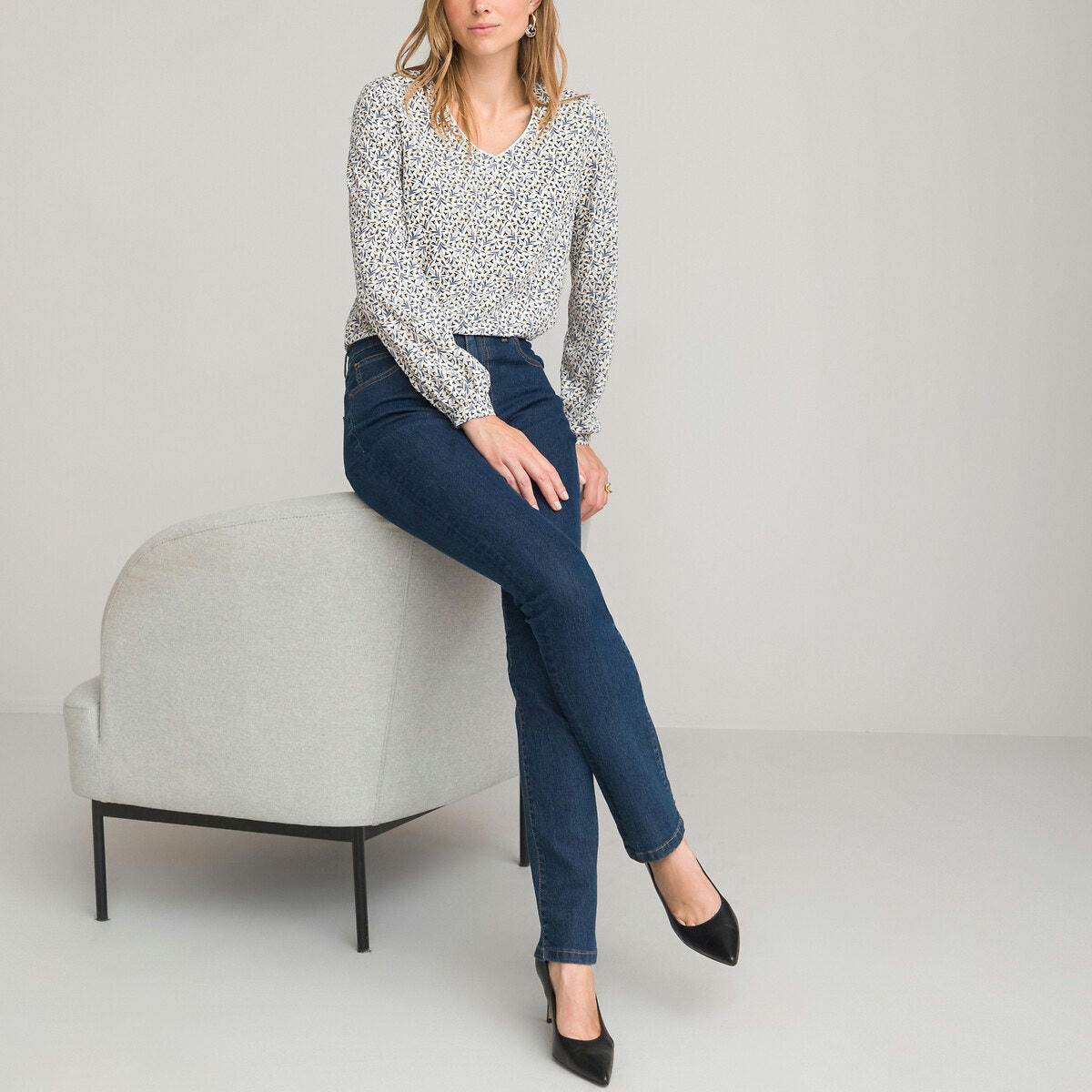 Blouse col V, imprimé floral, manches longues
