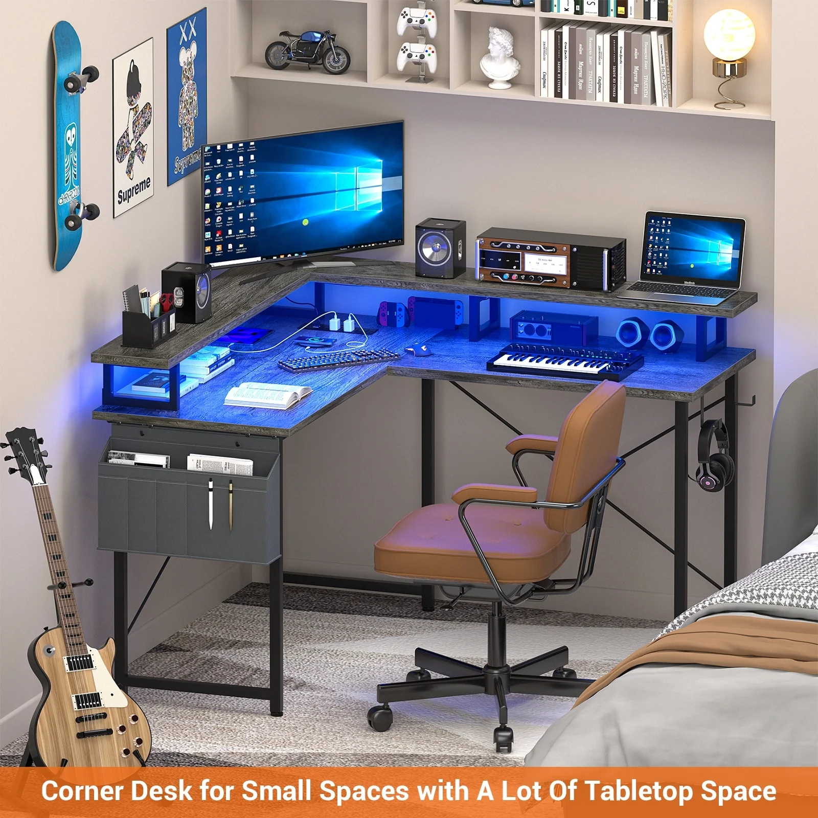 L Shaped Computer Desk with USP Port and Power Outlet, Gaming Desk with LED Lights