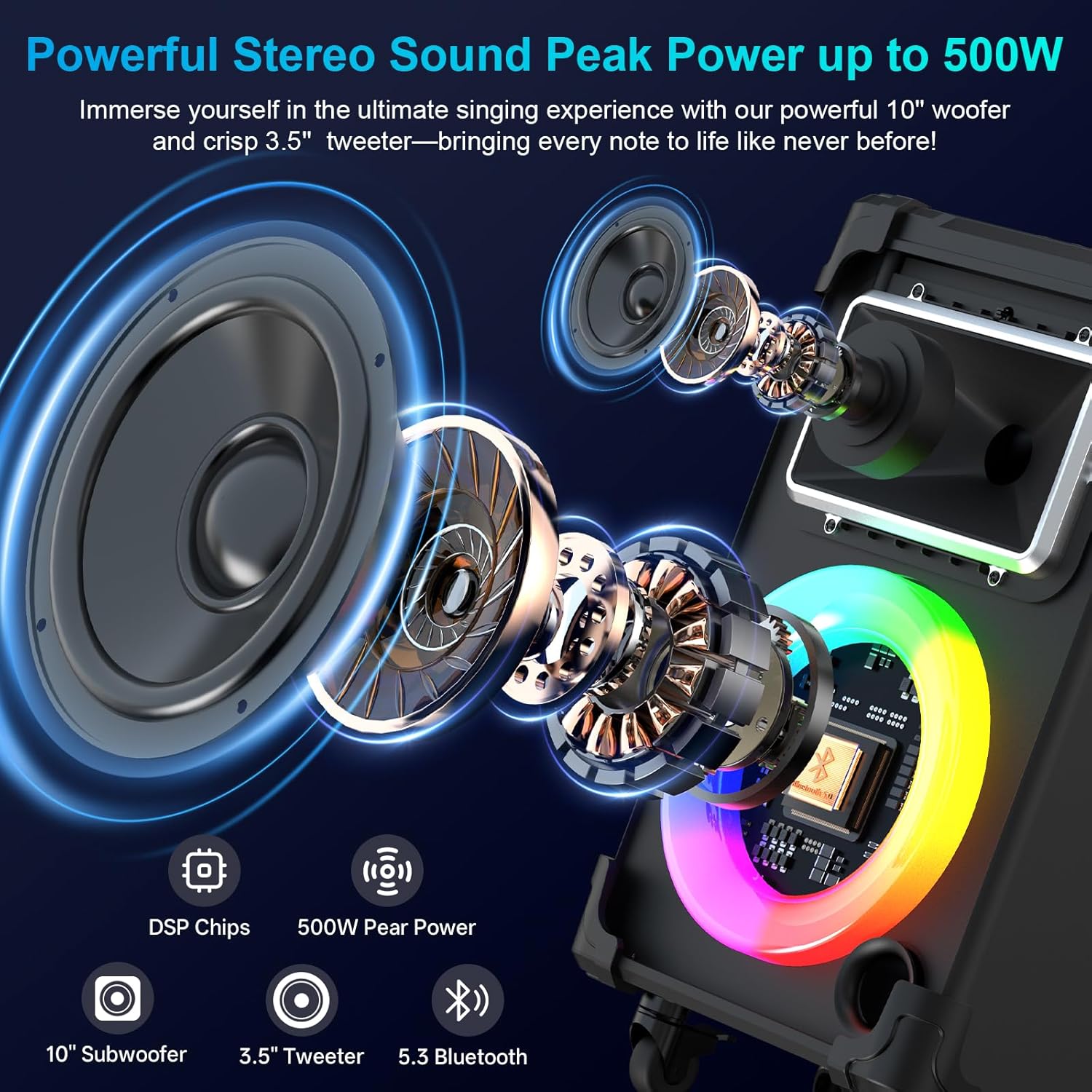 JYX Karaoke Machine with 2 Wireless Mics, 10 Woofer 500W Peak Power Big Portable Bluetooth Speaker with Bass/Treble Adjustment, PA System with Remote Control, LED Lights, Rolling Wheels and Trolley