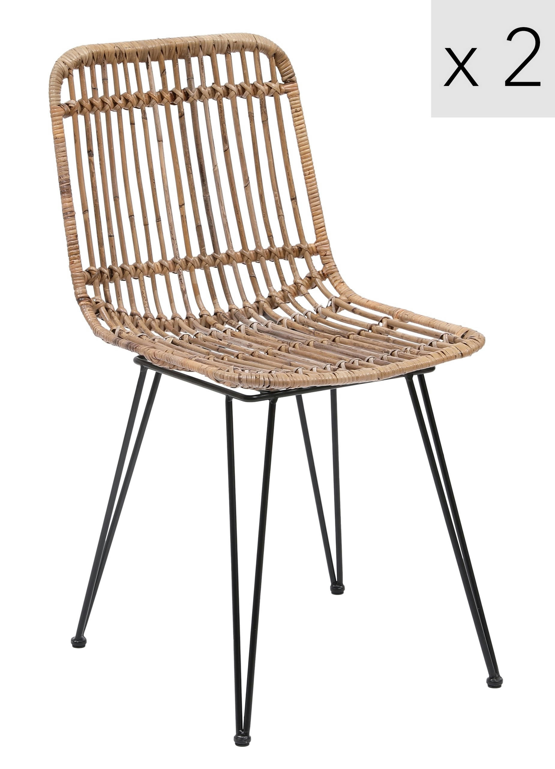 - Lot de 2 chaises en métal et rotin naturel