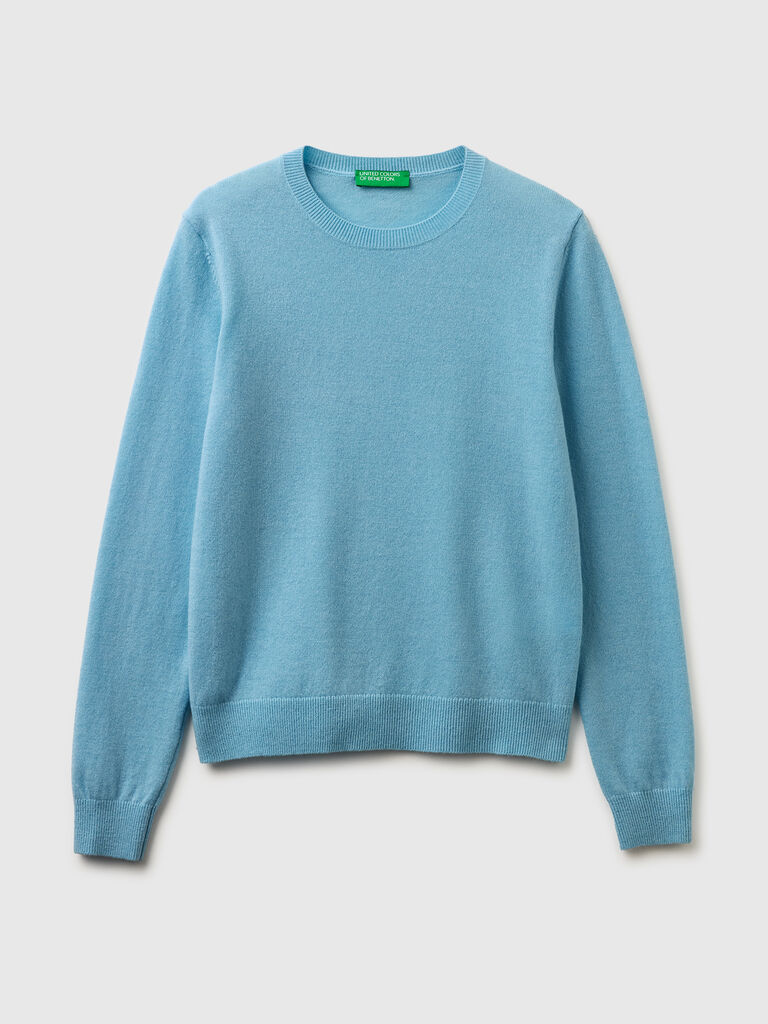 Powder blue crew neck sweater in pure Merino wool