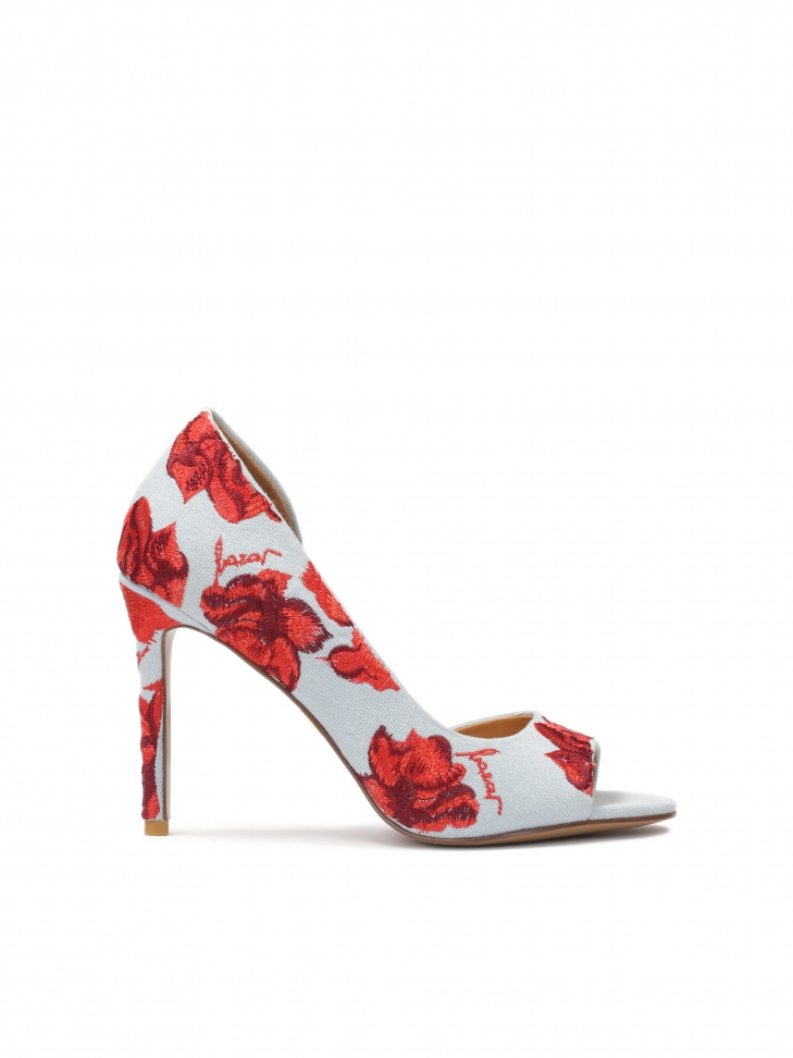 Denim fabric peep toe pumps with embroidered flowers