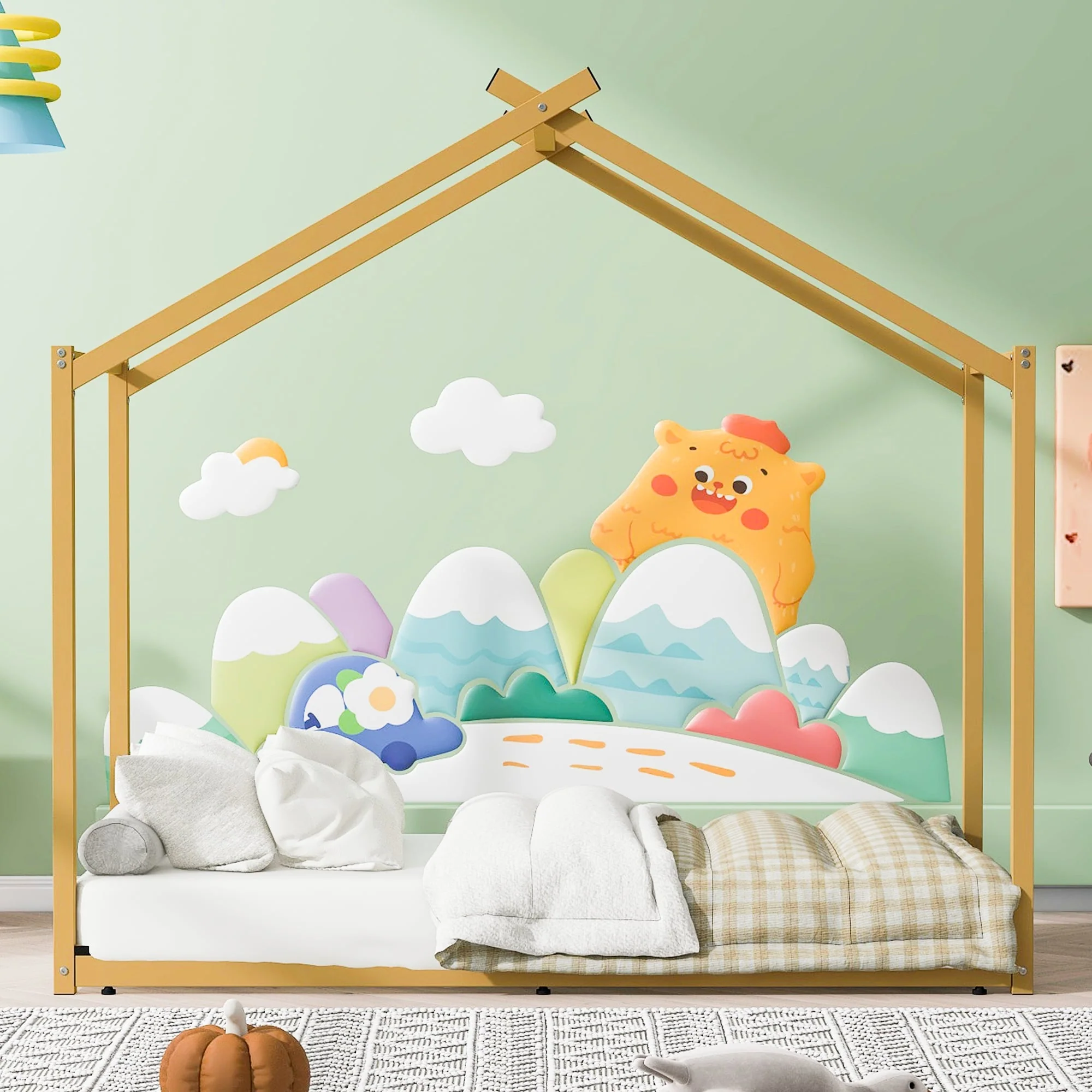 Twin Size Metal House Platform Bed with Trundle and Roof