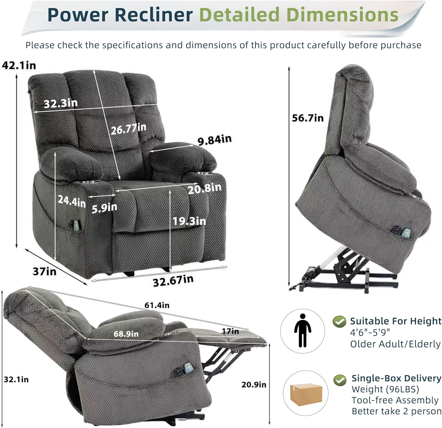 Power Lift Recliner Chair for Elderly, Velvet Recliner with Massage and Heat, Lazy Boy Power Recliner Lay Flat 160° Cup Holders for Living Room