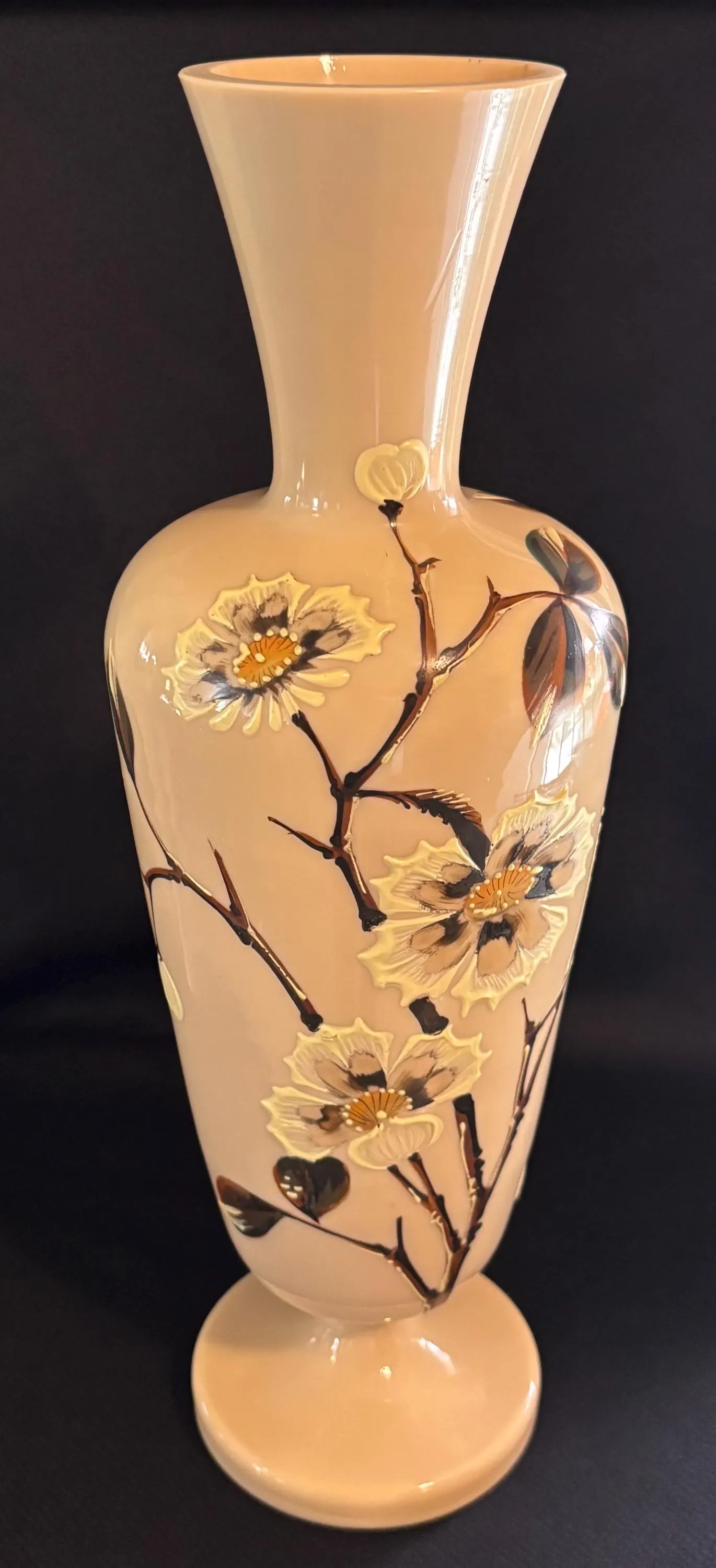 Antique Large Caramel Bristol Glass Vase w/ Hand painted Wild Rose Flowers