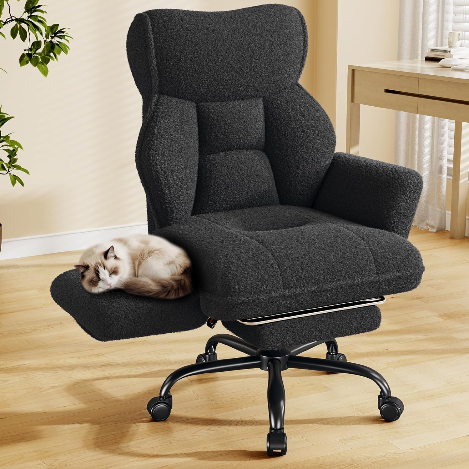 Big and Tall Office Chair with Adjustable Arms and Back, Ergonomic Office Chair with Footrest and Comfortable Fabric for Home Office, Bedroom ，Black