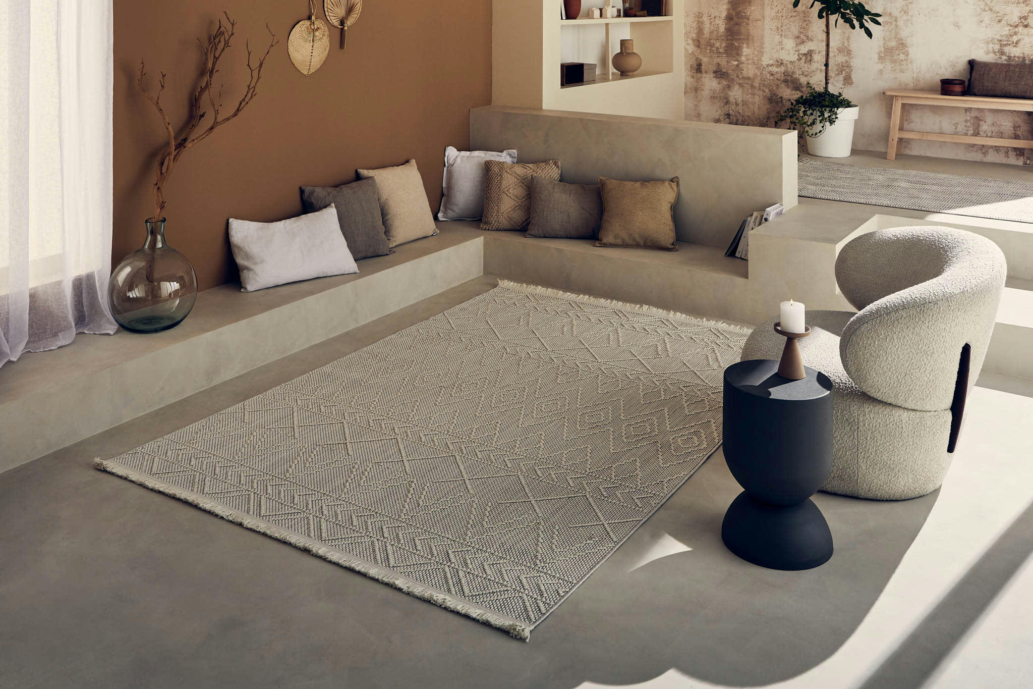 BALI - Tapis Géométrique blanc à franges 120x160