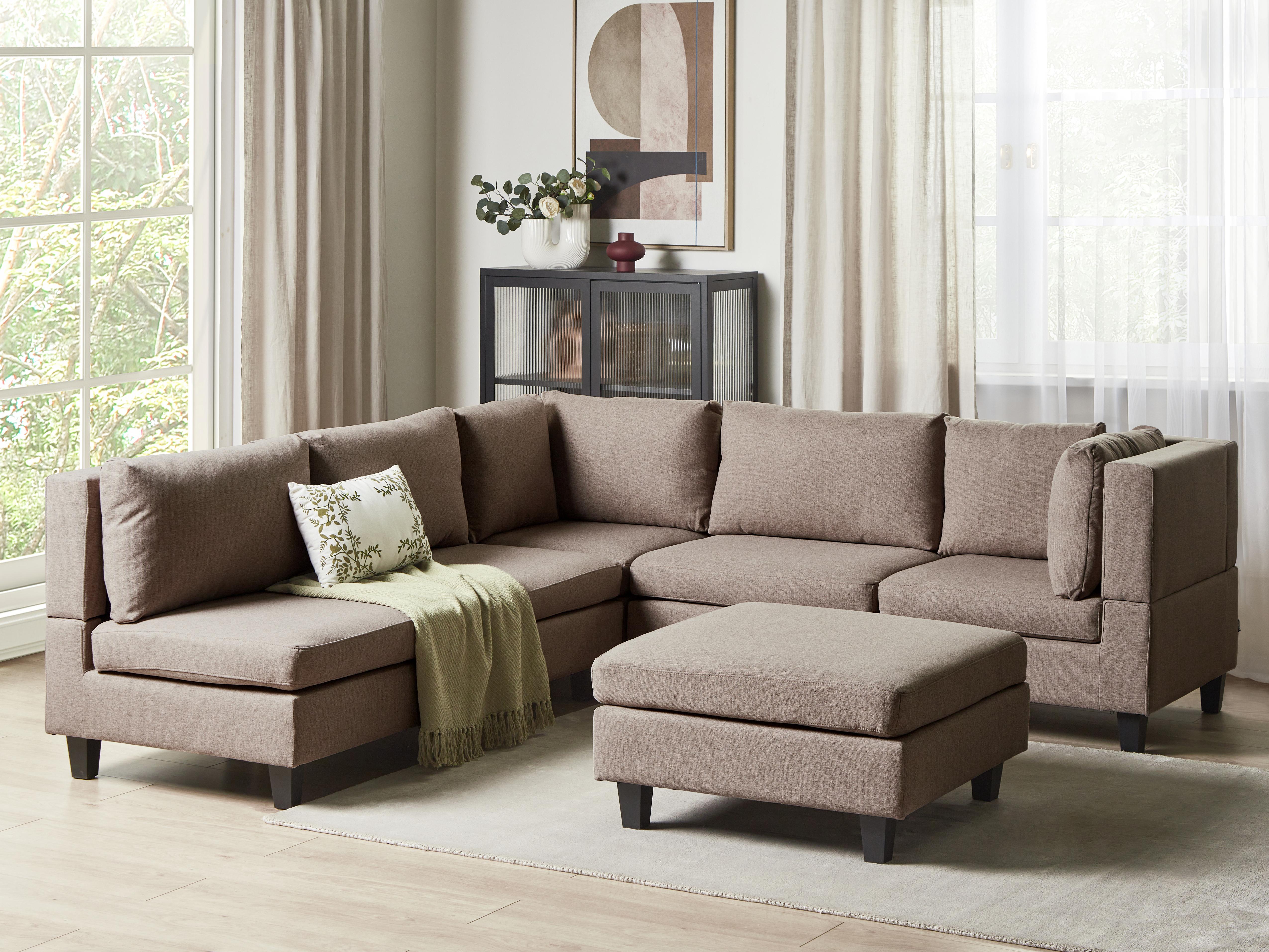 Modular Corner Sofa 5 Seater UNSTAD Fabric Brown with Ottoman Left Hand