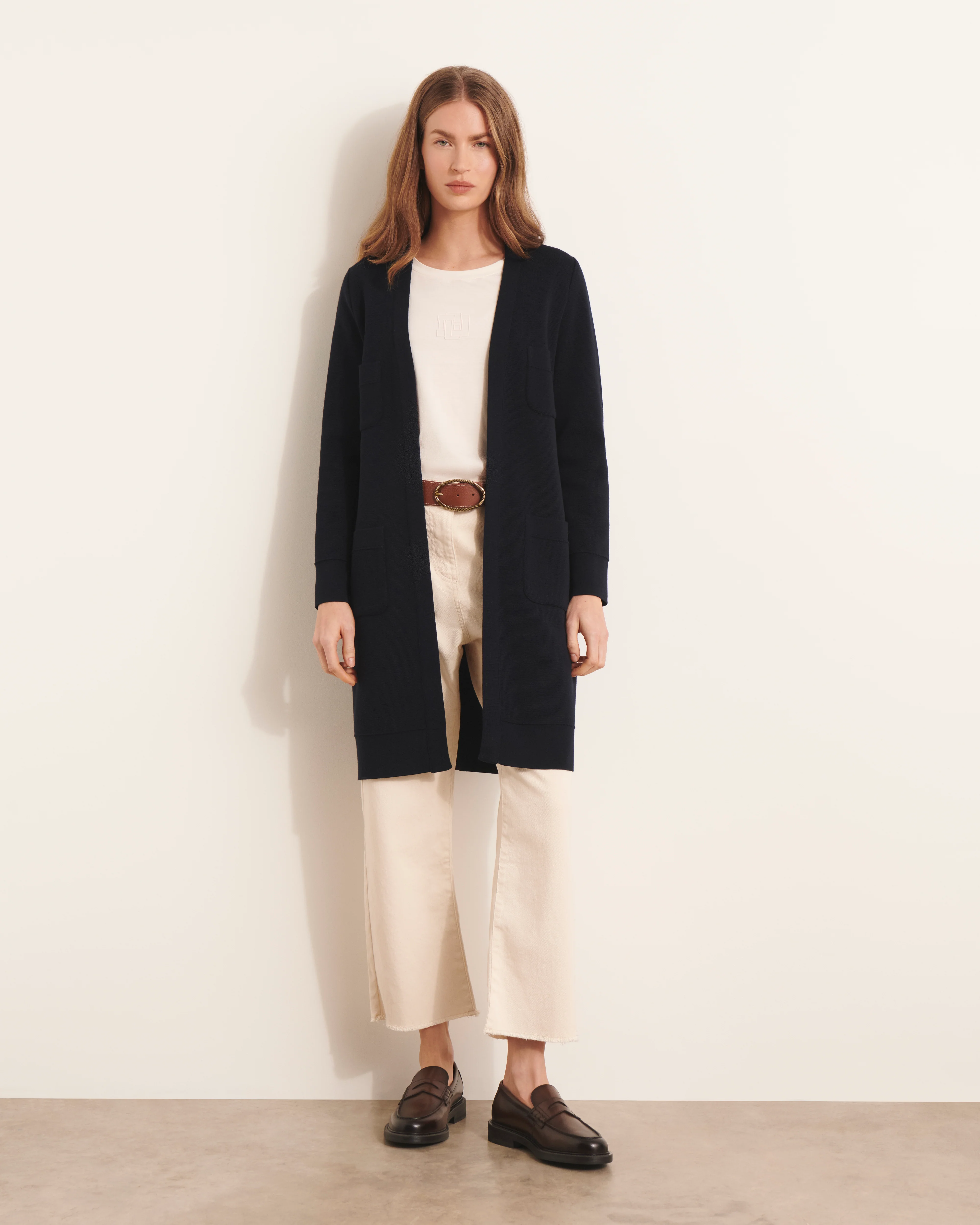Manteau long bleu marine en laine mérinos NEVALI/13243/317