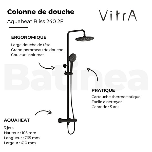 Colonne de douche thermostatique VitrA Aquaheat Bliss 240 2F noir mat