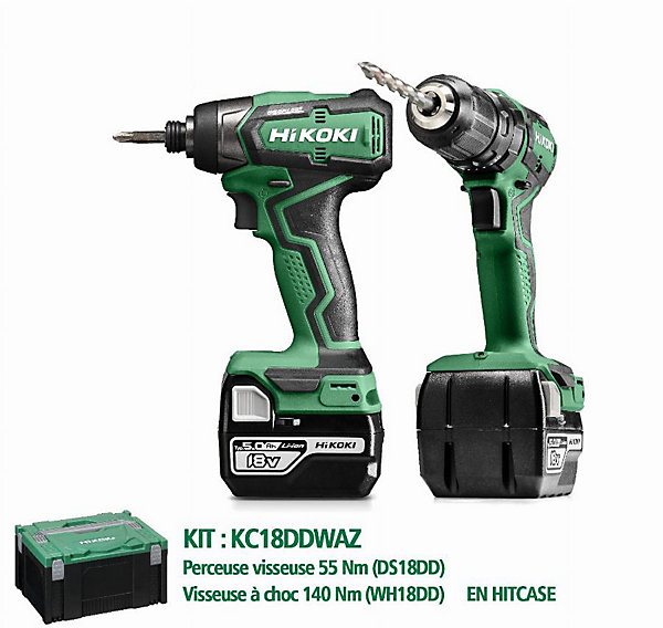 Kit 18V HIKOKI KC18DDWAZ - Perceuse DS18DD compacte, Visseuse à choc WH18DD, 2 batteries 18V 5,0Ah, coffret