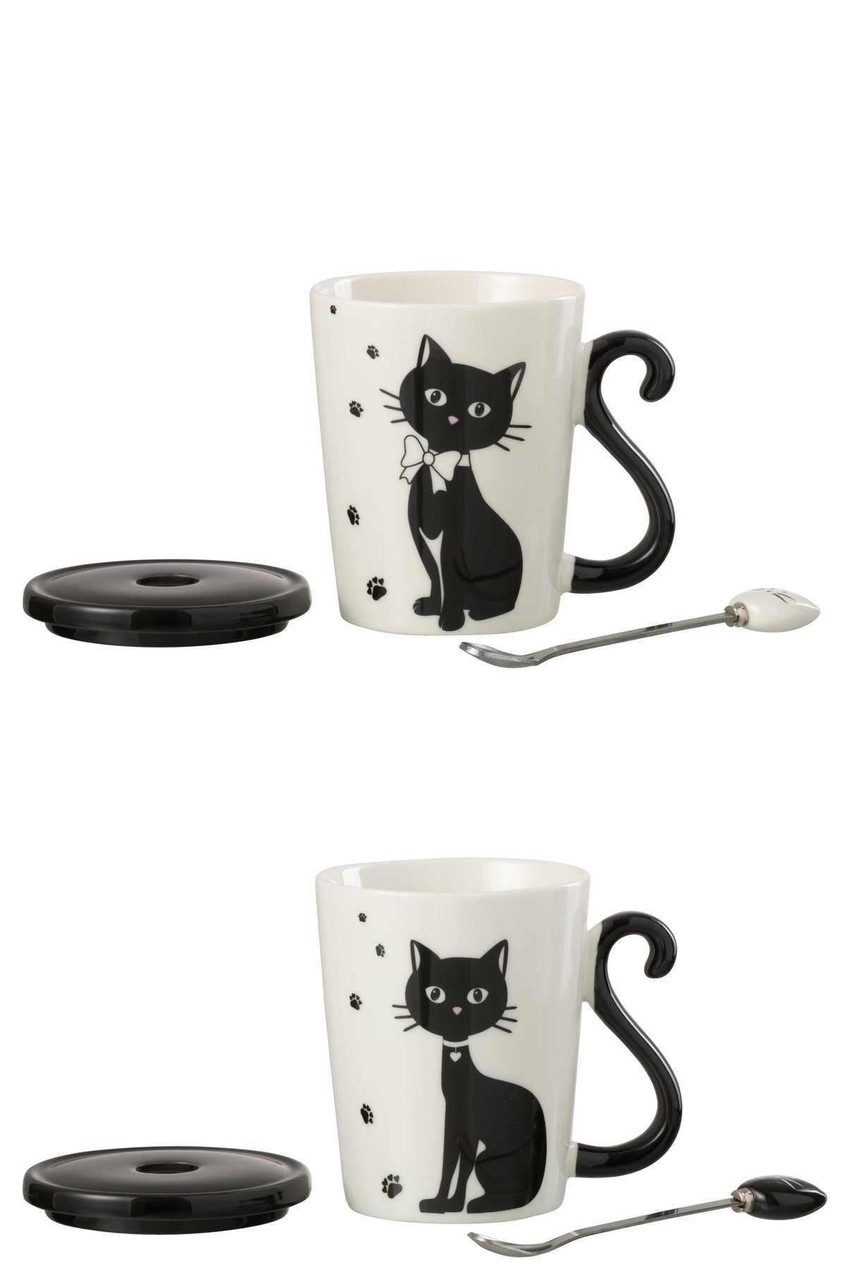 J-Line mok   deksel   lepel Print Kat - porselein - wit/zwart - 2 stuks - giftbox