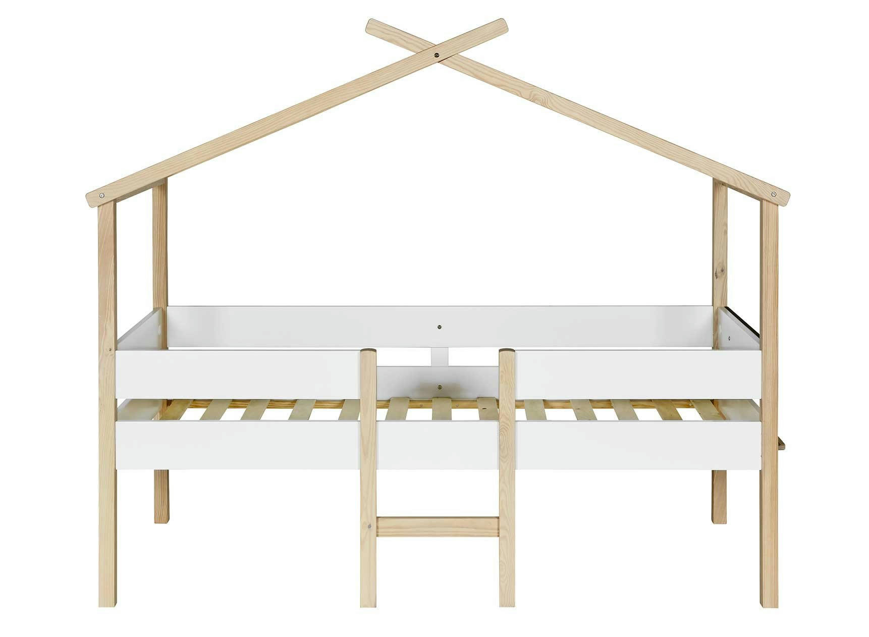 BAHIA - Lit Cabane mi-hauteur 90 x 200 Blanc et Pin