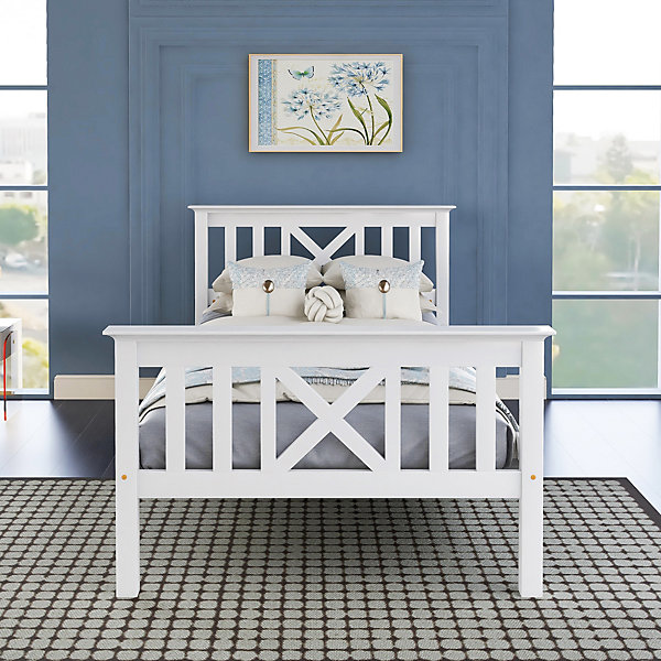 Lit Simple 90 x 200 Cm - Lit Classique avec Sommier à Lattes et Tête de Lit - Pin Massif, MDF - Sans Matelas - Blanc