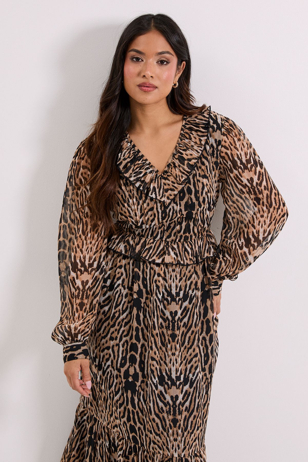 Dorothy Perkins Petite Leopard Pleat Bodice Ruffle Neck Blouson Sleeve Midaxi Dress
