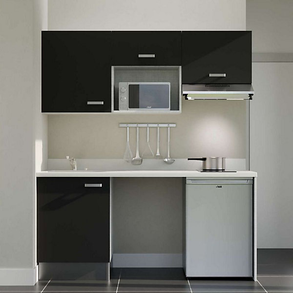 Kitchenette K55 - 180 cm - façades Noir - Plan monobloc en quartz coloris Snova évier à gauche - Electroménager Inox