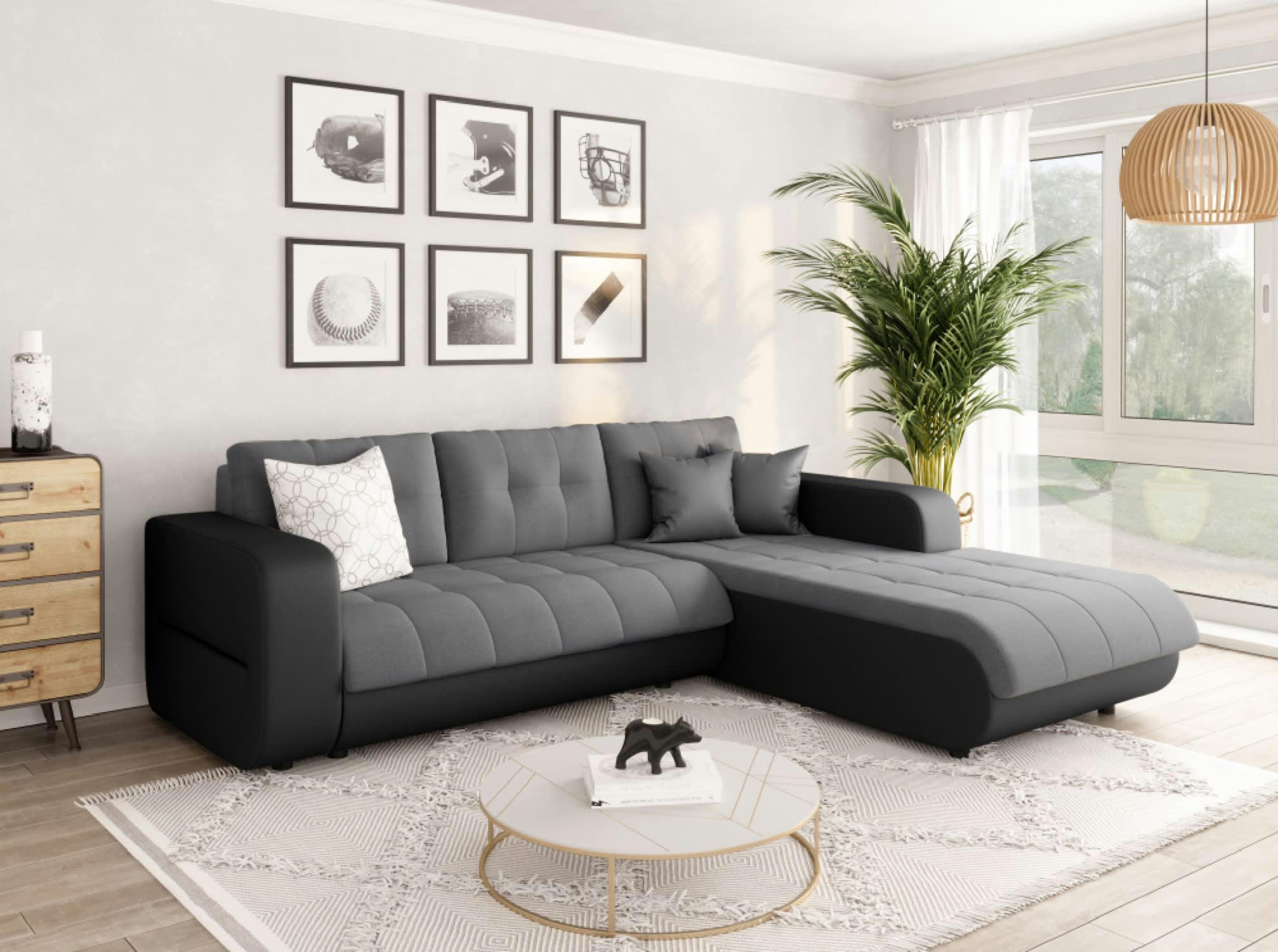 SUZIE - Canapé d'angle droit convertible bi-matière noir/gris