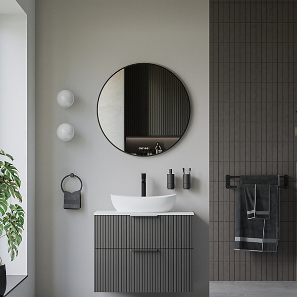 Miroir rond design cadre noir éclairages LED avec bouton tactiles, réglage lumière, anti-buée, horloge digitale, 8232-2.0, 80cm