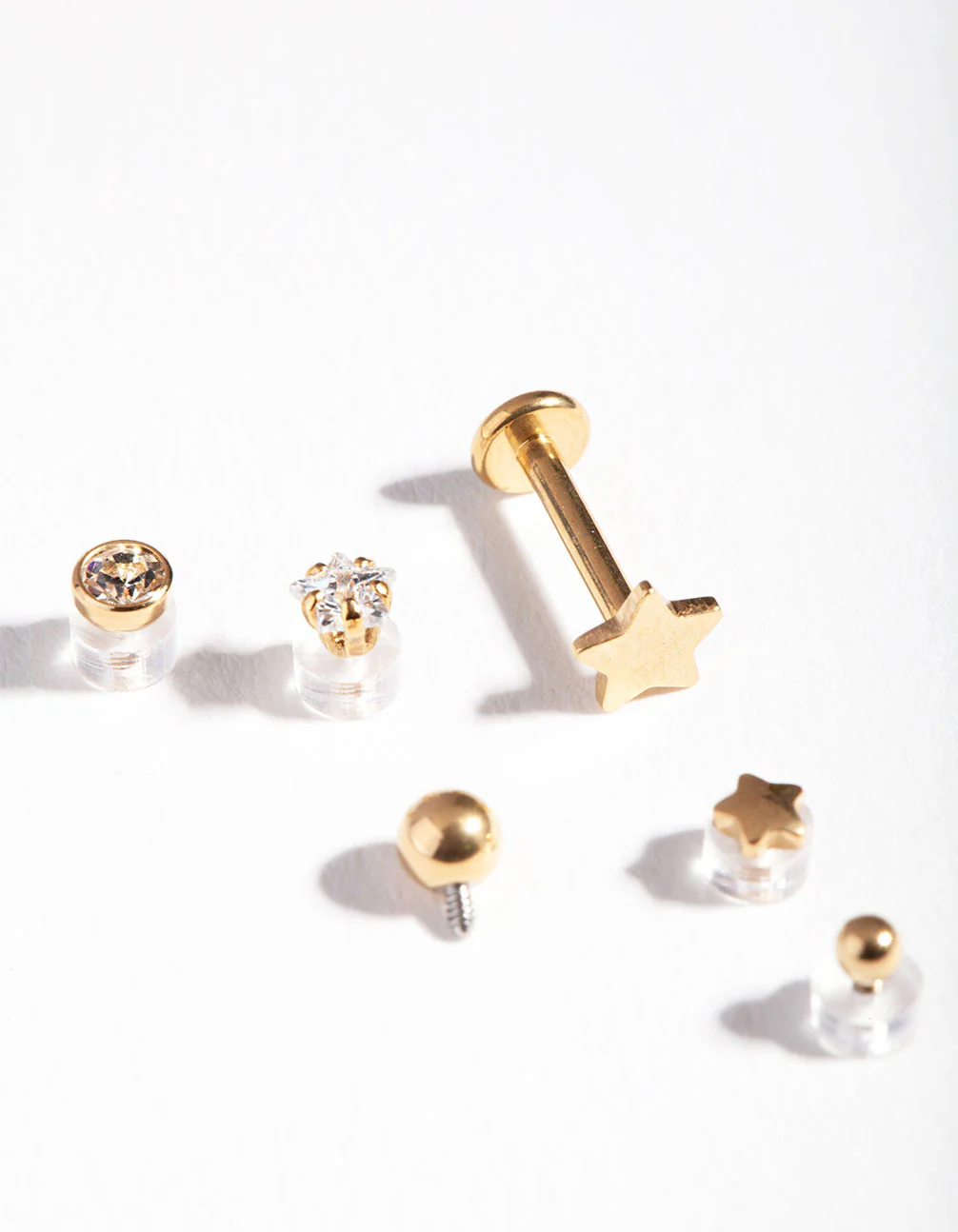 Gold Plated Surgical Steel Flat Back Single Bar with Interchangeable Star Ends 6-Pack
