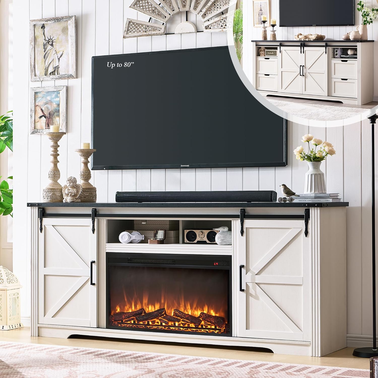 JXQTLINGMU Farmhouse Fireplace TV Stand for 80 Inch TV, 32 Tall Entertainment Center w/Drawer & Sliding Barn Door, 70 Inch Highboy Media Console for Living Room, Off White
