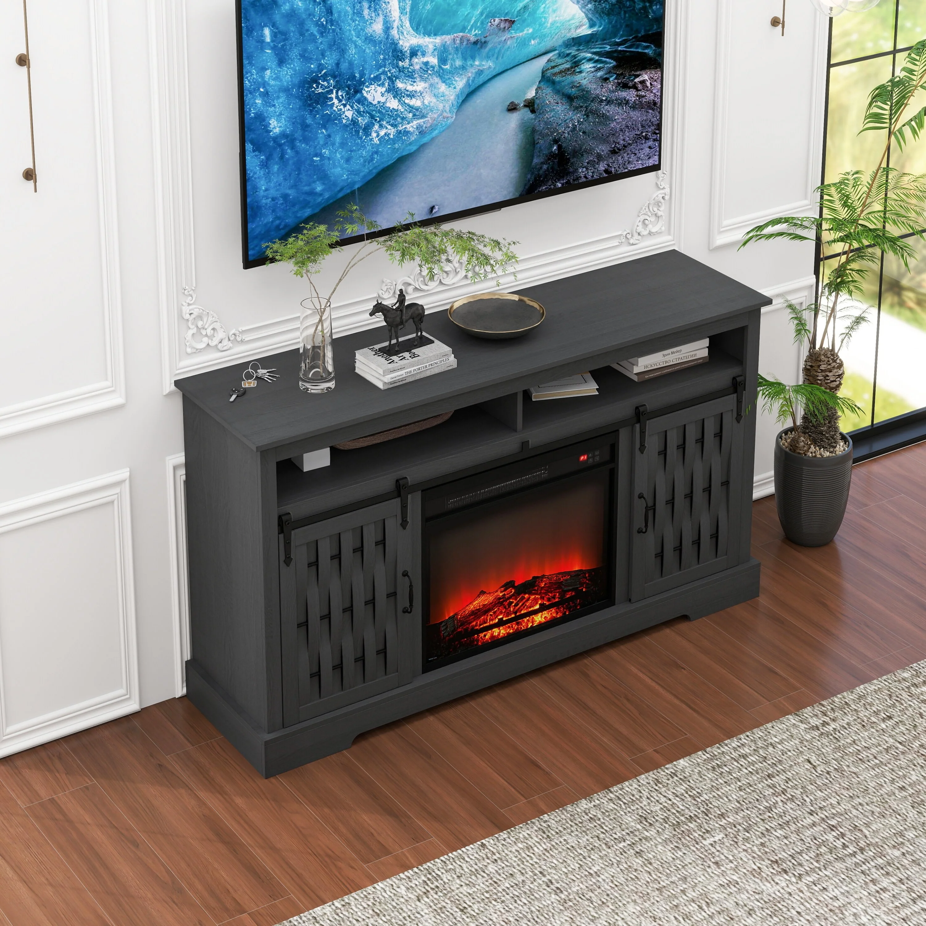 58-Inch Industrial Farmhouse TV Stand with 23-Inch Electric Fireplace ,Entertainment Center