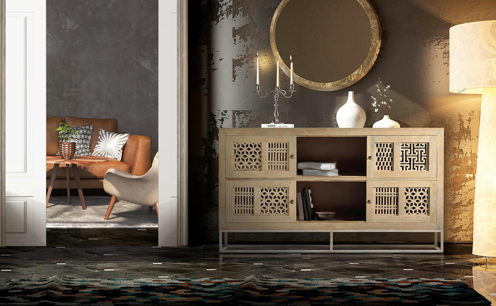 - Buffet en bois de manguier sculptée et métal