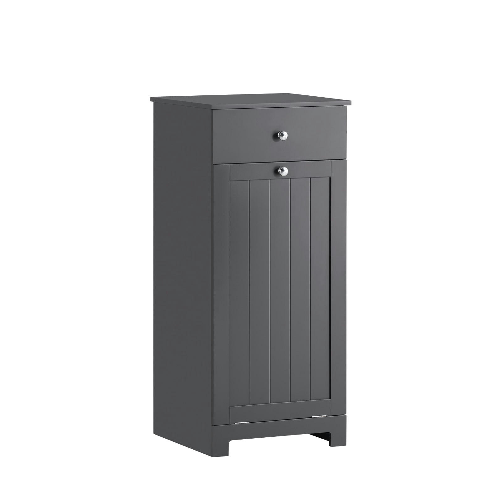 - Armoire toilette effet bois gris foncé 1 tiroir et 1 panier à linge
