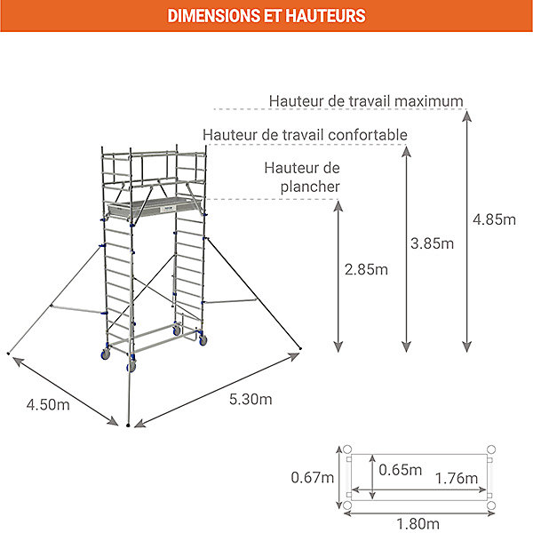 Echafaudage roulant 1 plateau - Hauteur de travail max 4.85m - 26403630